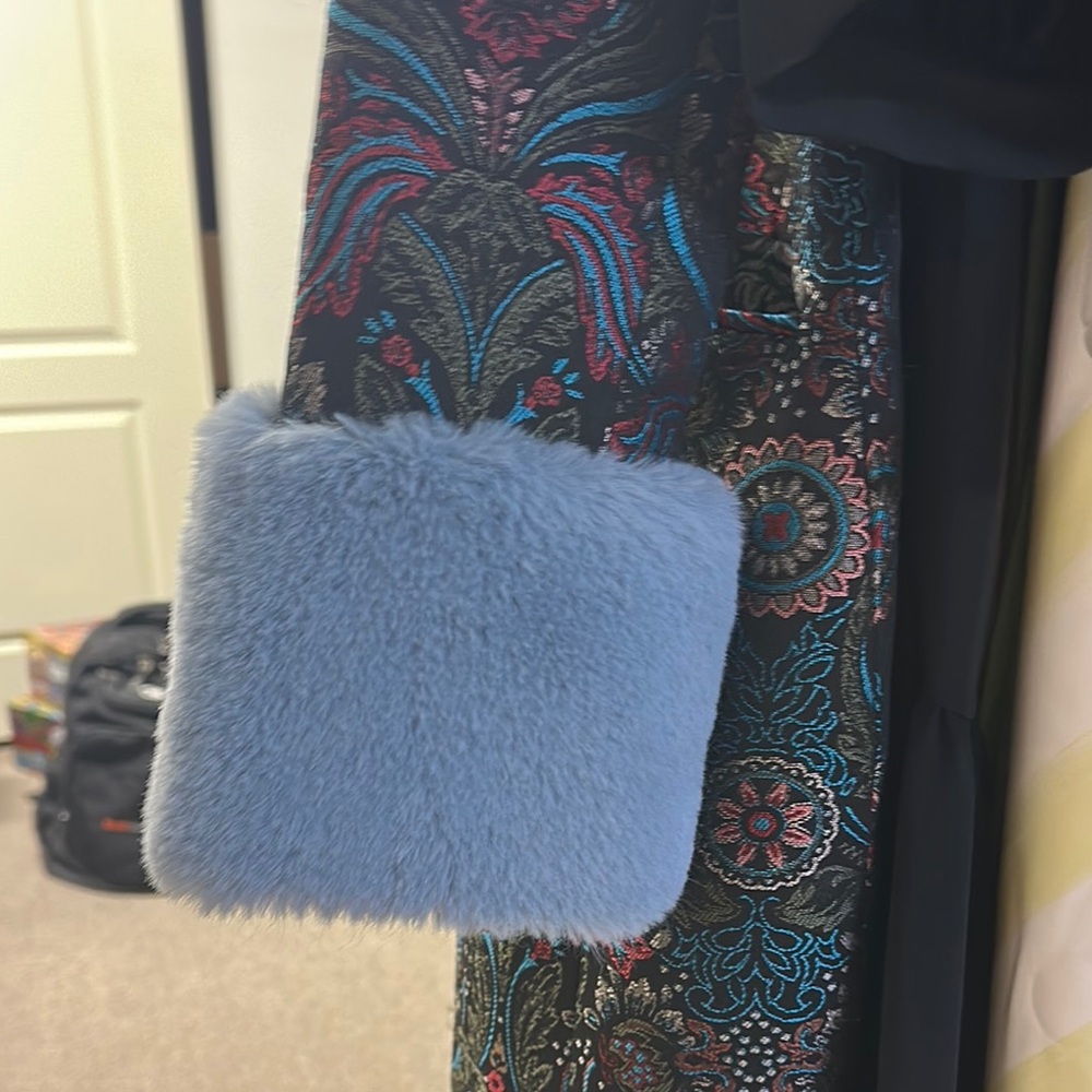 Elegant baby Blue faux fur neck and cuffs Patterned Women's Coat midi size 0 - Picture 2 of 10